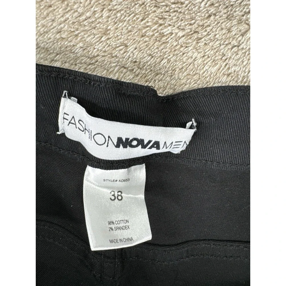 Fashion Nova Men Black Distressed Skinny Jeans Zip Knee Stretch Size 38x31